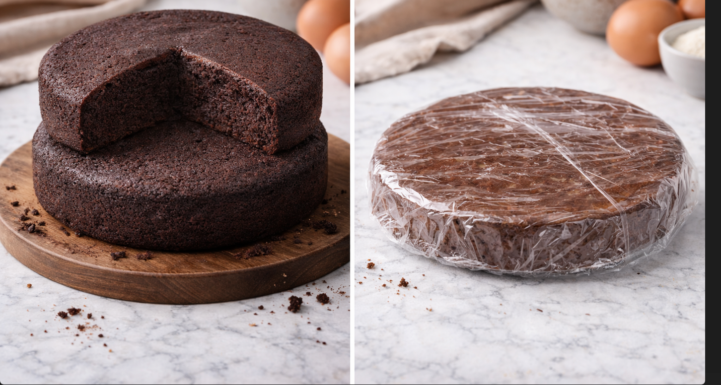 Chocolate cake on a wooden board with a wrapped cake on a marble surface.