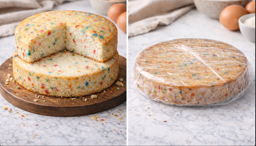Two images of a cake with colorful sprinkles on a wooden board and wrapped in plastic wrap.