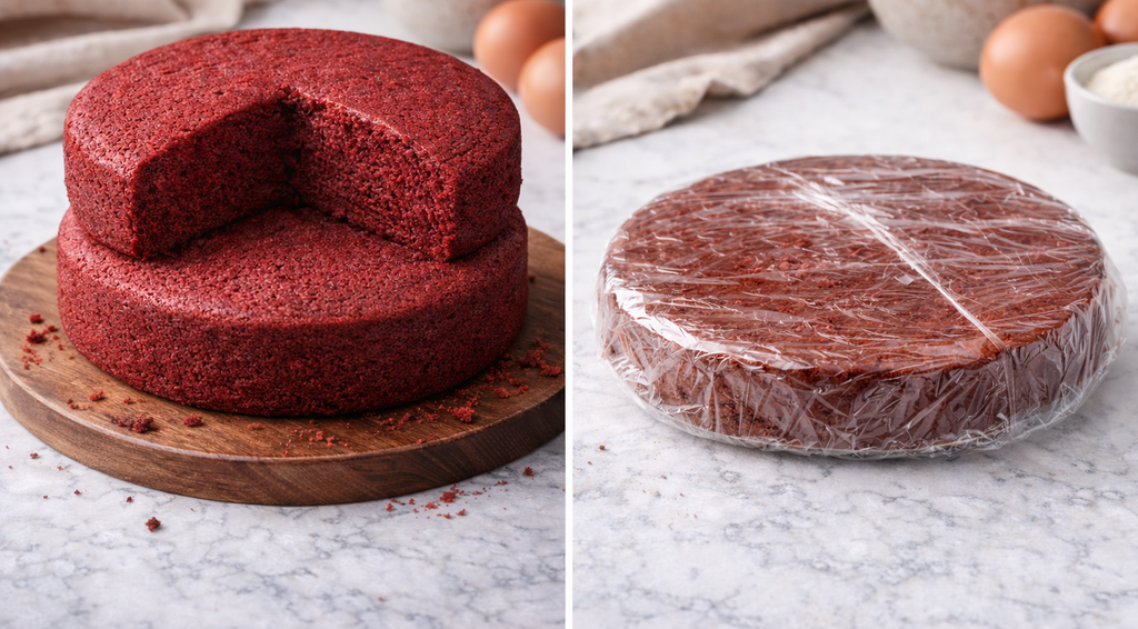 Red velvet cake on a wooden board with a slice removed, next to a wrapped red velvet cake on a marble surface.