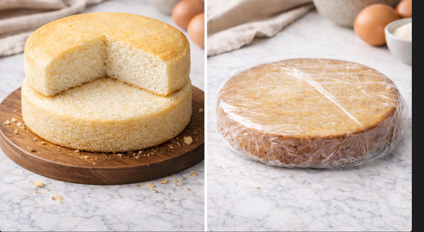 Two images of a cake: one whole, one wrapped in plastic wrap.